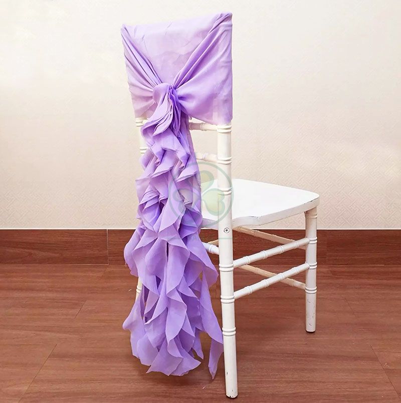 Wholesale Fancy Ruffled Chiffon Chair Covers with Curly Willow Sash for Wedding Decoration  SL-F1969CCWS