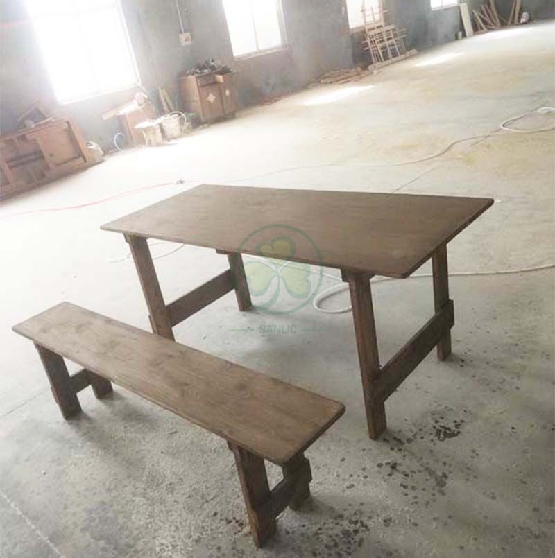 Custom Antique Rectangular Solid Wood Farm Table and Bench for Outdoor Events or Catering Services SL-T2115BFHT