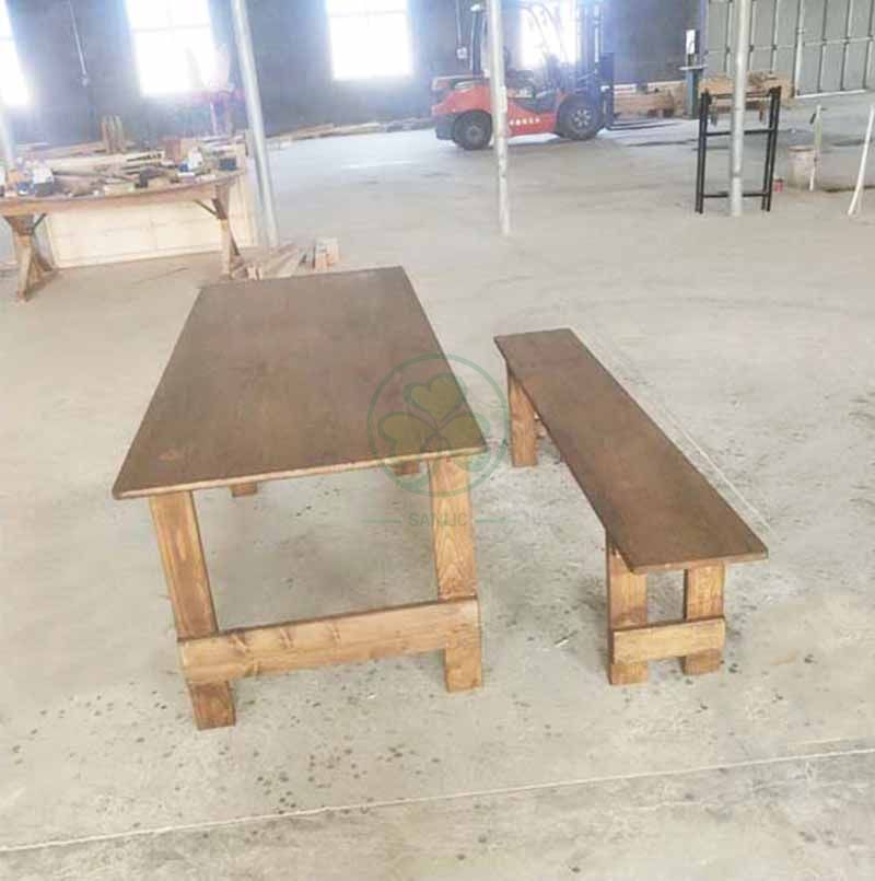 Custom Antique Rectangular Solid Wood Farm Table and Bench for Outdoor Events or Catering Services SL-T2115BFHT