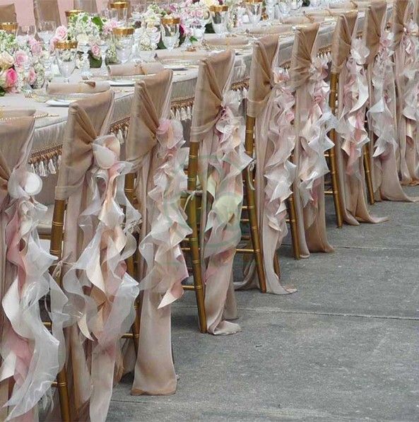 Wholesale Fancy Ruffled Chiffon Chair Covers with Curly Willow Sash for Wedding Decoration  SL-F1969CCWS