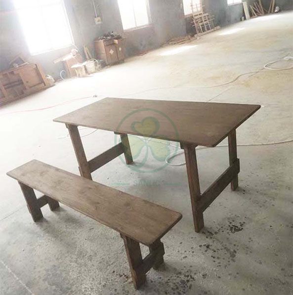 Custom Antique Rectangular Solid Pinewood Farm Table and Bench for Outdoor Events or Catering Services SL-T2115BFHT